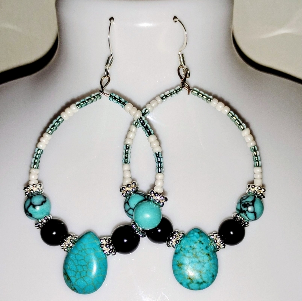 2" Natural Turquoise & Obsidian Silver Plated Teardrop Hoop Earrings
